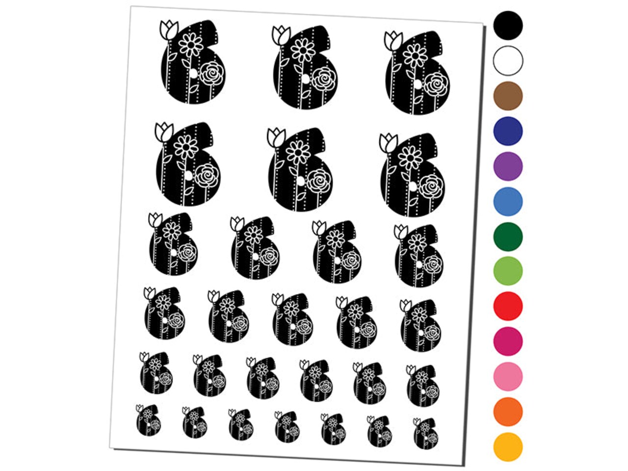 Sweet and Cute Flowers Rounded Block Number 6 Six Temporary Tattoo Water Resistant Fake Body Art Set Collection